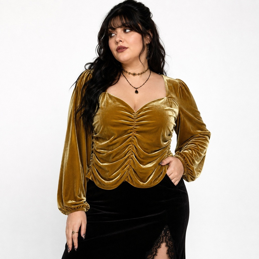 Velvet Ruched Sweetheart Blouse XL Gold Puff Sleeve Romantic Whimsigoth‎ Glam